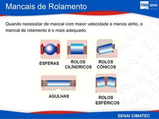 Mancais de Rolamento
Quando necessitar de mancal com maior velocidade e menos atrito, o
mancal de rolamento é o mais adequado.
 