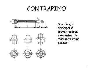 CONTRAPINO
Sua função
principal é
travar outros
elementos de
máquinas como
porcas.
17
 