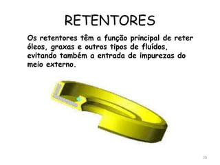 RETENTORES
Os retentores têm a função principal de reter
óleos, graxas e outros tipos de fluídos,
evitando também a entrada de impurezas do
meio externo.
20
 