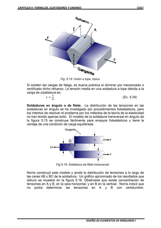 CAPITULO V: TORNILLOS, SUJETADORES Y UNIONES [101]
DISEÑO DE ELEMENTOS DE MÁQUINAS I
Si existen las cargas de fatiga, es buena práctica el eliminar por mecanizado o
rectificado dicho refuerzo. La tensión media en una soldadura a tope debida a la
carga de cizalladura es:
߬ ൌ
ி
௛௟
(Ec. 5.24)
Soldaduras en ángulo o de filete. La distribución de las tensiones en las
soldaduras en ángulo se ha investigado por procedimientos fotoelásticos, pero
los intentos de resolver el problema por los métodos de la teoría de la elasticidad
no han tenido apenas éxito. El modelo de la soldadura transversal en ángulo de
la figura 5.15 se construye fácilmente para ensayos fotoelásticos y tiene la
ventaja de una condición de carga equilibrada.
Norris construyó este modelo y anotó la distribución de tensiones a lo largo de
las caras AB y BC de la soldadura. Un gráfico aproximado de los resultados que
obtuvo se muestra en la figura 5.16. Obsérvese que existe concentración de
tensiones en A y B, en la cara horizontal, y en B en la vertical. Norris indicó que
no podía determinar las tensiones en A y B con certidumbre.
 