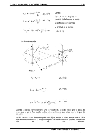 CAPITULO VII: ELEMENTOS MECÁNICOS FLEXIBLES [134]
DISEÑO DE ELEMENTOS DE MÁQUINAS I
b) Correa cruzada
Cuando se coloca horizontalmente una correa abierta, se debe hacer girar la polea de
modo que la parte floja quede arriba, así se determina que exista mayor ángulo de
contacto.
El fallo de una correa puede ser por rotura o por fallo de la unión, esta rotura se debe
probablemente por fatiga. El fallo por fatiga de un material elástico no debe compararse
con el de los metales.
Donde:
Θs y ƟL son los ángulos de
contacto de la faja con la polea.
C: distancia entre centros.
L: longitud de la correa.
)(
2
1
)(4 2
22
sdDdDCL θθ ++−−=
c
dD
Senl
2
2 1 −
+= −
πθ
c
dD
Sens
2
2 1 −
−= −
πθ
θθθ == LS
c
dD
sen
2
2 1 +
+= −
πθ
)(
2
)(4 22
dDdDCL +++−=
θ
Fig.7.6
(Ec. 7.12)
(Ec. 7.13)
(Ec. 7.14)
(Ec. 7.15)
(Ec. 7.16)
(Ec. 7.17)
 