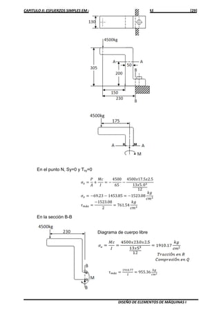 CAPITULO II: ESFUERZOS SIMPLES EM ELEMENTOS SENCILLOS DE MÁQUINAS [29]
DISEÑO DE ELEMENTOS DE MÁQUINAS I
En el punto N, Sy=0 y Ƭxy=0
ߪ௫ ൌ
ܲ
‫ܣ‬
൅
‫ܿܯ‬
‫ܫ‬
ൌ െ
4500
65
െ
4500‫5.2ݔ5.71ݔ‬
13‫.5ݔ‬ 0ଷ
12
ߪ௫ ൌ െ69.23 െ 1453.85 ൌ െ1523.08
݇݃
ܿ݉ଶ
߬௠á௫ ൌ
െ1523.08
2
ൌ 761.54
݇݃
ܿ݉ଶ
En la sección B-B
Diagrama de cuerpo libre
߬௠á௫ ൌ
ଵଽଵ଴.଻଻
ଶ
ൌ 955.36
௞௚
௖௠మ
 