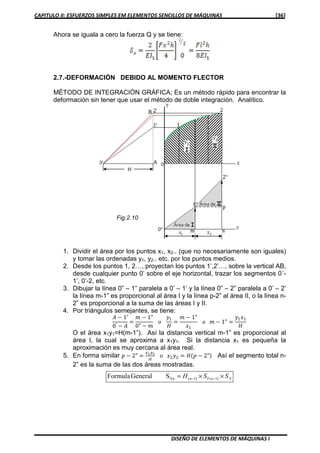 CAPITULO II: ESFUERZOS SIMPLES EM ELEMENTOS SENCILLOS DE MÁQUINAS [36]
DISEÑO DE ELEMENTOS DE MÁQUINAS I
Ahora se iguala a cero la fuerza Q y se tiene:
2.7.-DEFORMACIÓN DEBIDO AL MOMENTO FLECTOR
MÉTODO DE INTEGRACIÓN GRÁFICA; Es un método rápido para encontrar la
deformación sin tener que usar el método de doble integración. Analítico.
1. Dividir el área por los puntos x1, x2.. (que no necesariamente son iguales)
y tomar las ordenadas y1, y2.. etc. por los puntos medios.
2. Desde los puntos 1, 2…, proyectan los puntos 1’,2’…, sobre la vertical AB,
desde cualquier punto 0’ sobre el eje horizontal, trazar los segmentos 0´-
1’, 0’-2, etc.
3. Dibujar la línea 0” – 1” paralela a 0’ – 1’ y la línea 0” – 2” paralela a 0’ – 2’
la línea m-1” es proporcional al área I y la línea p-2” al área II, o la línea n-
2” es proporcional a la suma de las áreas I y II.
4. Por triángulos semejantes, se tiene:
‫ܣ‬ െ 1′
0′ െ ‫ܣ‬
ൌ
݉ െ 1"
0" െ ݉
‫݋‬
‫ݕ‬ଵ
‫ܪ‬
ൌ
݉ െ 1"
‫ݔ‬ଵ
‫݋‬ ݉ െ 1" ൌ
‫ݕ‬ଵ‫ݔ‬ଵ
‫ܪ‬
O el área x1y1=H(m-1”). Así la distancia vertical m-1” es proporcional al
área I, la cual se aproxima a x1y1. Si la distancia x1 es pequeña la
aproximación es muy cercana al área real.
5. En forma similar ‫݌‬ െ 2" ൌ
௫మ௬మ
ு
‫݋‬ ‫ݔ‬ଶ‫ݕ‬ଶ ൌ ‫ܪ‬ሺ‫݌‬ െ 2"ሻ Así el segmento total n-
2” es la suma de las dos áreas mostradas.
XnYn SSH ××= −− )1()1(YnSGeneralFormula
Fig.2.10
 