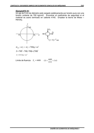 CAPITULO II: ESFUERZOS SIMPLES EM ELEMENTOS SENCILLOS DE MÁQUINAS [55]
DISEÑO DE ELEMENTOS DE MÁQUINAS I
EjemploN°2.18 :
Un eje de 5 cm de diámetro está cargado estáticamente por torsión pura con una
torsión cortante de 700 kg/cm2. Encontrar el coeficiente de seguridad si el
material es acero laminado en caliente 4140. Emplear la teoría de Mises –
Hencky.
2
21 /700 cmkgmáx =−== σσσ
22
)700()700(700700 +−−=S
2
/1212 cmkgA =
Límite de fluencia 4400=yS 63.3
1212
4400
==CS
 