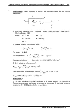 CAPITULO III: DISEÑO DE LEMENTOS POR CONCENTRACIÓN DE ESFUERZOS, CARGAS CÍCLICAS Y FATIGA [58]
DISEÑO DE ELEMENTOS DE MÁQUINAS I
.
EjemploN°3.1 : Barra sometida a tensión con discontinuidades en su sección
transversal.
∗ Utilizar los diagramas de R.E. Peterson, “Design Factors for Stress Concentration”.
Machine Design. 1953.
Datos: a = 76 mm r = 3.175
b = 100 mm P = 3600 kg
t = 13
¿Cuál es el esfuerzo máximo en el filete?
042.0
76
175.3
==
d
r
32.1
76
100
==
d
D
Por tablas kt=2.60
Esfuerzo Nominal: 2
2
/37.364
3.16.7
3600
cmkg
cmx
kg
A
P
===σ
Esfuerzo real máximo:
2
/94737.36460.2 cmkgxktmáx ============ σσ
Si Ø=13 calcular el esfuerzo en A-A
(((( ))))
2
/30.318
3.13.10.10
3600
cmkg
x
nom ====
−−−−
====σ
Para ingresar a la tabla debemos calcular 65.213.0
100
13
=→== tk
w
a
22
/50.843/30.31865.2 cmkgcmkgxmáx ==σ
EjemploN°3.2 :
¿Qué carga constante P puede colocarse en la barra dibujada, sin exceder la
resistencia de cedencia del material en la muesca? El material es SAE 1050 laminado
en caliente. Sy=49,500 psi (por tablas en Apéndice).
 