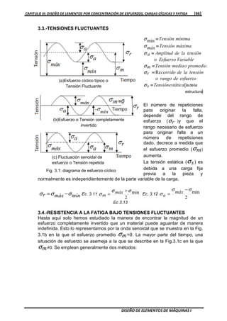 CAPITULO III: DISEÑO DE LEMENTOS POR CONCENTRACIÓN DE ESFUERZOS, CARGAS CÍCLICAS Y FATIGA [66]
DISEÑO DE ELEMENTOS DE MÁQUINAS I
3.3.-TENSIONES FLUCTUANTES
)
(
estructura
ladelaestáticaTensións
esfuerzoderangoo
tensiónladecorridor
promedioomediaTensiónm
VariableEsfuersoo
tensiónladeAmplituda
máximaTensiónmáx
mínimaTensión
====
====
====
====
====
====
σ
σ
σ
σ
σ
σ
Re
min
El número de repeticiones
para originar la falla,
depende del rango de
esfuerzo ( rσ )y que el
rango necesario de esfuerzo
para originar falla a un
número de repeticiones
dado, decrece a medida que
el esfuerzo promedio ( mσ )
aumenta.
La tensión estática ( sσ ) es
debida a una carga fija
previa a la pieza y
normalmente es independientemente de la parte variable de la carga.
mínmáxr σσσ −= Ec. 3.11
2
minσσ
σ
+
= máx
m Ec. 3.12
2
min
σσ
σ
−
= máx
a
Ec 3.13
3.4.-RESISTENCIA A LA FATIGA BAJO TENSIONES FLUCTUANTES
Hasta aquí solo hemos estudiado la manera de encontrar la magnitud de un
esfuerzo completamente invertido que un material puede aguantar de manera
indefinida. Esto lo representamos por la onda senoidal que se muestra en la Fig.
3.1b en la que el esfuerzo promedio mσ =0. La mayor parte del tiempo, una
situación de esfuerzo se asemeja a la que se describe en la Fig.3.1c en la que
mσ ≠0. Se emplean generalmente dos métodos:
Fig. 3.1: diagrama de esfuerzo cíclico
(a)Esfuerzo cíclico típico o
Tensión Fluctuante
(b)Esfuerzo o Tensión completamente
invertido
(c) Fluctuación senoidal de
esfuerzo o Tensión repetida
 