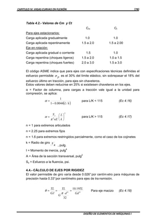 CAPITULO IV: VIGAS CURVAS EN FLEXIÓN [78]
DISEÑO DE ELEMENTOS DE MÁQUINAS I
Tabla 4.2.- Valores de Cm y Ct
Cm Ct
Para ejes estacionarios:
Carga aplicada gradualmente 1.0 1.0
Carga aplicada repentinamente 1.5 a 2.0 1.5 a 2.00
Eje en rotación:
Carga aplicada gradual o corriente 1.5 1.0
Carga repentina (choques ligeros) 1.5 a 2.0 1.0 a 1.5
Carga repentina (choques fuertes) 2.0 a 3.0 1.5 a 3.0
El código ASME indica que para ejes con especificaciones técnicas definidas el
esfuerzo permisible pσ es el 30% del límite elástico, sin sobrepasar el 18% del
esfuerzo último en tracción, para ejes sin chaveteros.
Estos valores deben reducirse en 25% si existiesen chaveteros en los ejes.
α = Factor de columna, para cargas a tracción vale igual a la unidad para
compresión, se aplica:
( )kL/0044.01
1
−
=α para L/K < 115 (Ec 4.16)
2
2 





=
k
L
nE
Sy
π
α para L/K > 115 (Ec 4.17)
n = 1 para extremos articulados
n = 2.25 para extremos fijos
n = 1.6 para extremos restringidos parcialmente, como el caso de los cojinetes
k = Radio de giro
A
I
, pulg.
I = Momento de inercia, pulg4
A = Área de la sección transversal, pulg2
Sy = Esfuerzo a la fluencia, psi.
4.4.- CÁLCULO DE EJES POR RIGIDEZ
El valor permisible de giro varía desde 0.026° por centím etro para máquinas de
precisión hasta 0.33°por centímetro para ejes de tra nsmisión.
44
19.10
32
Gd
TL
d
G
TL
GJ
TL
=
⋅
==
π
θ Para eje macizo (Ec 4.18)
 