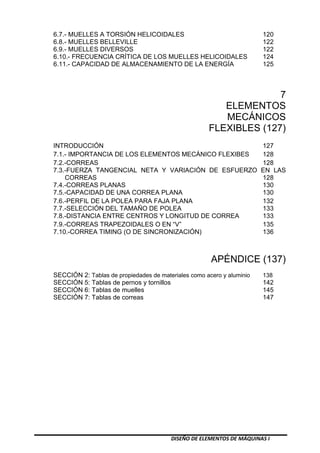 DISEÑO DE ELEMENTOS DE MÁQUINAS I
6.7.- MUELLES A TORSIÓN HELICOIDALES 120
6.8.- MUELLES BELLEVILLE 122
6.9.- MUELLES DIVERSOS 122
6.10.- FRECUENCIA CRÍTICA DE LOS MUELLES HELICOIDALES 124
6.11.- CAPACIDAD DE ALMACENAMIENTO DE LA ENERGÍA 125
7
ELEMENTOS
MECÁNICOS
FLEXIBLES (127)
INTRODUCCIÓN 127
7.1.- IMPORTANCIA DE LOS ELEMENTOS MECÁNICO FLEXIBES 128
7.2.-CORREAS 128
7.3.-FUERZA TANGENCIAL NETA Y VARIACIÓN DE ESFUERZO EN LAS
CORREAS 128
7.4.-CORREAS PLANAS 130
7.5.-CAPACIDAD DE UNA CORREA PLANA 130
7.6.-PERFIL DE LA POLEA PARA FAJA PLANA 132
7.7.-SELECCIÓN DEL TAMAÑO DE POLEA 133
7.8.-DISTANCIA ENTRE CENTROS Y LONGITUD DE CORREA 133
7.9.-CORREAS TRAPEZOIDALES O EN “V” 135
7.10.-CORREA TIMING (O DE SINCRONIZACIÓN) 136
APÉNDICE (137)
SECCIÓN 2: Tablas de propiedades de materiales como acero y aluminio 138
SECCIÓN 5: Tablas de pernos y tornillos 142
SECCIÓN 6: Tablas de muelles 145
SECCIÓN 7: Tablas de correas 147
 