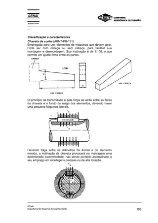 Espírito Santo

_________________________________________________________________________________________________
__

Classificação e características
Chaveta de cunha (ABNT-PB-121)
Empregada para unir elementos de máquinas que devem girar.
Pode ser com cabeça ou sem cabeça, para facilitar sua
montagem e desmontagem. Sua inclinação é de 1:100, o que
permite um ajuste firme entre as partes.

O princípio da transmissão é pela força de atrito entre as faces
da chaveta e o fundo do rasgo dos elementos, devendo haver
uma pequena folga nas laterais.

Havendo folga entre os diâmetros da árvore e do elemento
movido, a inclinação da chaveta provocará na montagem uma
determinada excentricidade, não sendo portanto aconselhado o
seu emprego em montagens precisas ou de alta rotação.

_________________________________________________________________________________________________
__
SENAI
Departamento Regional do Espírito Santo
103

 