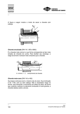 Espírito Santo

_________________________________________________________________________________________________
__

A figura a seguir mostra o modo de sacar a chaveta com
cabeça.

Chaveta encaixada (DIN 141, 490 e 6883)
É a chaveta mais comum e sua forma corresponde ao tipo mais
simples de chaveta de cunha. Para facilitar seu emprego, o
rasgo da árvore é sempre mais comprido que a chaveta.

A mínimo = 2 . comprimento da chaveta

Chaveta meia-cana (DIN 143 e 492)
Sua base é côncava (com o mesmo raio do eixo). Sua inclinação
é de 1:100, com ou sem cabeça. Não é necessário rasgo na
árvore, pois transmite o movimento por efeito do atrito, de forma
que, quando o esforço no elemento conduzido é muito grande, a
chaveta desliza sobre a árvore.

_________________________________________________________________________________________________
__
CST
Companhia Siderúrgica de Tubarão
104

 