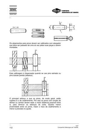 Espírito Santo

_________________________________________________________________________________________________
__

Os alojamentos para pinos devem ser calibrados com alargador
que deve ser passado de uma só vez pelas suas peças a serem
montadas.

Esta calibragem é dispensada quando se usa pino estriado ou
pino tubular partido (elástico).

O principal esforço a que os pinos, de modo geral, estão
sujeitos é o de cisalhamento. Por isso os pinos com função de
alinhar ou centrar devem estar a maior distância possível entre
si, para diminuir os esforços de corte. Quanto menor
proximidade entre os pinos, maior o risco de cisalhamento e
menor a precisão no ajuste.

_________________________________________________________________________________________________
__
CST
Companhia Siderúrgica de Tubarão
112

 
