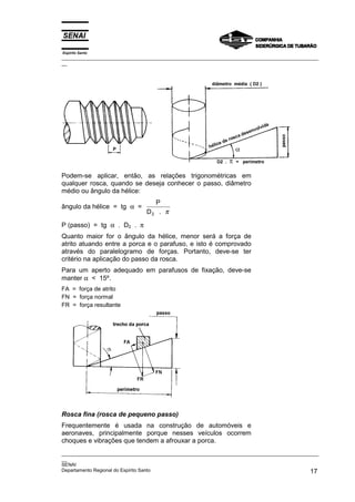 Espírito Santo

_________________________________________________________________________________________________
__

Podem-se aplicar, então, as relações trigonométricas em
qualquer rosca, quando se deseja conhecer o passo, diâmetro
médio ou ângulo da hélice:
ângulo da hélice = tg α =

P
D2 . π

P (passo) = tg α . D2 . π
Quanto maior for o ângulo da hélice, menor será a força de
atrito atuando entre a porca e o parafuso, e isto é comprovado
através do paralelogramo de forças. Portanto, deve-se ter
critério na aplicação do passo da rosca.
Para um aperto adequado em parafusos de fixação, deve-se
manter α < 15º.
FA = força de atrito
FN = força normal
FR = força resultante

Rosca fina (rosca de pequeno passo)
Frequentemente é usada na construção de automóveis e
aeronaves, principalmente porque nesses veículos ocorrem
choques e vibrações que tendem a afrouxar a porca.
_________________________________________________________________________________________________
__
SENAI
Departamento Regional do Espírito Santo
17

 