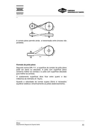 Espírito Santo

_________________________________________________________________________________________________
__

A correia plana permite ainda a transmissão entre árvores não
paralelas.

Formato da polia plana
Segundo norma DIN 111, a superfície de contato da polia plana
pode ser plana ou abaulada. A polia com superfície plana
conserva melhor as correias e a polia com superfície abaulada
guia melhor as correias.
O acabamento superficial deve ficar entre quatro e dez
milésimos de milímetro (4∼10µm).
Quando a velocidade da correia supera 25m/s é necessário
equilibrar estática e dinamicamente as polias (balanceamento).

_________________________________________________________________________________________________
__
SENAI
Departamento Regional do Espírito Santo
43

 