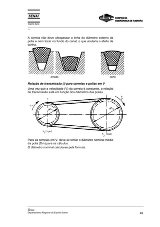 Espírito Santo

_________________________________________________________________________________________________
__

A correia não deve ultrapassar a linha do diâmetro externo da
polia e nem tocar no fundo do canal, o que anularia o efeito de
cunha.

errado

certo

Relação de transmissão (i) para correias e polias em V
Uma vez que a velocidade (V) da correia é constante, a relação
de transmissão está em função dos diâmetros das polias.

Para as correias em V, deve-se tomar o diâmetro nominal médio
da polia (Dm) para os cálculos.
O diâmetro nominal calcula-se pela fórmula:

_________________________________________________________________________________________________
__
SENAI
Departamento Regional do Espírito Santo
49

 