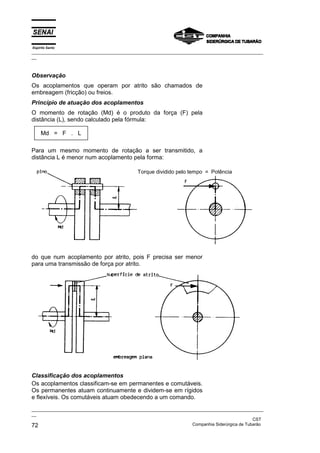 Espírito Santo

_________________________________________________________________________________________________
__

Observação
Os acoplamentos que operam por atrito são chamados de
embreagem (fricção) ou freios.
Princípio de atuação dos acoplamentos
O momento de rotação (Md) é o produto da força (F) pela
distância (L), sendo calculado pela fórmula:
Md = F . L
Para um mesmo momento de rotação a ser transmitido, a
distância L é menor num acoplamento pela forma:
Torque dividido pelo tempo = Potência

do que num acoplamento por atrito, pois F precisa ser menor
para uma transmissão de força por atrito.

Classificação dos acoplamentos
Os acoplamentos classificam-se em permanentes e comutáveis.
Os permanentes atuam continuamente e dividem-se em rígidos
e flexíveis. Os comutáveis atuam obedecendo a um comando.
_________________________________________________________________________________________________
__
CST
Companhia Siderúrgica de Tubarão
72

 