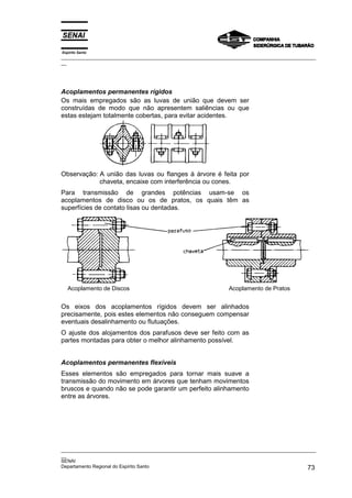Espírito Santo

_________________________________________________________________________________________________
__

Acoplamentos permanentes rígidos
Os mais empregados são as luvas de união que devem ser
construídas de modo que não apresentem saliências ou que
estas estejam totalmente cobertas, para evitar acidentes.

Observação: A união das luvas ou flanges à árvore é feita por
chaveta, encaixe com interferência ou cones.
Para transmissão de grandes potências usam-se os
acoplamentos de disco ou os de pratos, os quais têm as
superfícies de contato lisas ou dentadas.

Acoplamento de Discos

Acoplamento de Pratos

Os eixos dos acoplamentos rígidos devem ser alinhados
precisamente, pois estes elementos não conseguem compensar
eventuais desalinhamento ou flutuações.
O ajuste dos alojamentos dos parafusos deve ser feito com as
partes montadas para obter o melhor alinhamento possível.
Acoplamentos permanentes flexíveis
Esses elementos são empregados para tornar mais suave a
transmissão do movimento em árvores que tenham movimentos
bruscos e quando não se pode garantir um perfeito alinhamento
entre as árvores.

_________________________________________________________________________________________________
__
SENAI
Departamento Regional do Espírito Santo
73

 