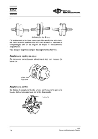 Espírito Santo

_________________________________________________________________________________________________
__

Os acoplamentos flexíveis são construídos em forma articulada,
em forma elástica ou em forma articulada e elástica. Permitem a
compensação até 6º de ângulo de torção e deslocamento
angular axial.
Veja a seguir os principais tipos de acoplamentos flexíveis.
Acoplamento elástico de pinos
Os elementos transmissores são pinos de aço com mangas de
borracha.

Acoplamento perflex
Os discos de acoplamento são unidos perifericamente por uma
ligação de borracha apertada por anéis de pressão.

_________________________________________________________________________________________________
__
CST
Companhia Siderúrgica de Tubarão
74

 