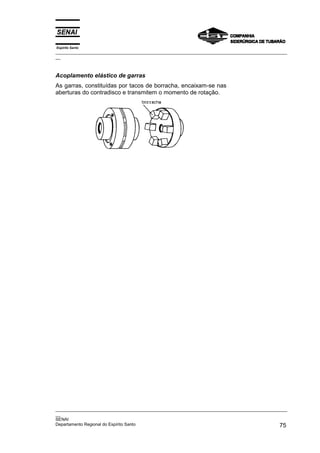 Espírito Santo

_________________________________________________________________________________________________
__

Acoplamento elástico de garras
As garras, constituídas por tacos de borracha, encaixam-se nas
aberturas do contradisco e transmitem o momento de rotação.

_________________________________________________________________________________________________
__
SENAI
Departamento Regional do Espírito Santo
75

 