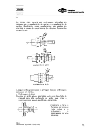 Espírito Santo

_________________________________________________________________________________________________
__

As formas mais comuns das embreagens acionadas em
repouso são o acoplamento de garras e o acoplamento de
dentes. Geralmente, esses acoplamentos são usados em
aventais e caixas de engrenagens de máquinas ferramentas
convencionais.

A seguir serão apresentados os principais tipos de embreagens
acionadas em marcha.
• Embreagem de disco
Consiste em anéis planos apertados contra um disco feito de
material com alto coeficiente de atrito, para evitar o
escorregamento quando a potência é transmitida.
ormalmente a força é
fornecida por uma ou
mais molas e a
embreagem
é
desengatada por uma
alavanca.
_________________________________________________________________________________________________
__
SENAI
Departamento Regional do Espírito Santo
79

 