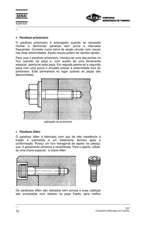 Espírito Santo

_________________________________________________________________________________________________
__

• Parafuso prisioneiro
O parafuso prisioneiro é empregado quando se necessita
montar e desmontar parafuso sem porca a intervalos
frequentes. Consiste numa barra de seção circular com roscas
nas duas extremidades. Essas roscas podem ter sentido oposto.
Para usar o parafuso prisioneiro, introduz-se uma das pontas no
furo roscado da peça e, com auxílio de uma ferramenta
especial, aperta-se essa peça. Em seguida aperta-se a segunda
peça com uma porca e arruelas presas à extremidade livre do
prisioneiro. Este permanece no lugar quando as peças são
desmontadas.

aplicação do prisioneiro

• Parafuso Allen
O parafuso Allen é fabricado com aço de alta resistência à
tração e submetido a um tratamento térmico após a
conformação. Possui um furo hexagonal de aperto na cabeça,
que é geralmente cilíndrica e recartilhada. Para o aperto, utilizase uma chave especial: a chave Allen.

Os parafusos Allen são utilizados sem porcas e suas cabeças
são encaixadas num rebaixo na peça fixada, para melhor
_________________________________________________________________________________________________
__
CST
Companhia Siderúrgica de Tubarão
10

 