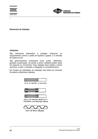 Espírito Santo

_________________________________________________________________________________________________
__

Elementos de Vedação

Vedações
São elementos destinados a proteger máquinas ou
equipamentos contra a saída de líquidos e gases, e a entrada
de sujeira ou pó.
São genericamente conhecidas como juntas, retentores,
gaxetas e guarnições. As partes a serem vedadas podem estar
em repouso ou movimento. Uma vedação deve resistir a meios
químicos, a calor, a pressão, a desgaste e a envelhecimento.
Em função da solicitação as vedações são feitas em diversos
formatos e diferentes materiais.

_________________________________________________________________________________________________
__
CST
Companhia Siderúrgica de Tubarão
86

 
