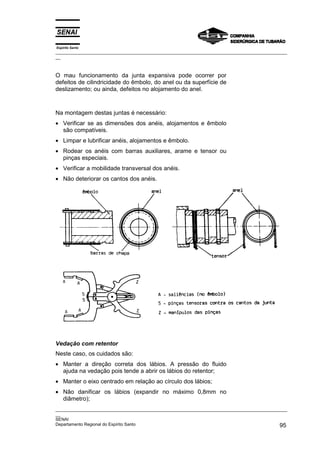 Espírito Santo

_________________________________________________________________________________________________
__

O mau funcionamento da junta expansiva pode ocorrer por
defeitos de cilindricidade do êmbolo, do anel ou da superfície de
deslizamento; ou ainda, defeitos no alojamento do anel.

Na montagem destas juntas é necessário:
• Verificar se as dimensões dos anéis, alojamentos e êmbolo
são compatíveis.
• Limpar e lubrificar anéis, alojamentos e êmbolo.
• Rodear os anéis com barras auxiliares, arame e tensor ou
pinças especiais.
• Verificar a mobilidade transversal dos anéis.
• Não deteriorar os cantos dos anéis.

Vedação com retentor
Neste caso, os cuidados são:
• Manter a direção correta dos lábios. A pressão do fluido
ajuda na vedação pois tende a abrir os lábios do retentor;
• Manter o eixo centrado em relação ao círculo dos lábios;
• Não danificar os lábios (expandir no máximo 0,8mm no
diâmetro);
_________________________________________________________________________________________________
__
SENAI
Departamento Regional do Espírito Santo
95

 