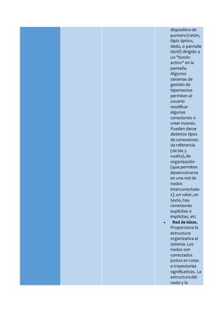 dispositivo de
puntero(ratón,
lápiz óptico,
dedo, o pantalla
táctil) dirigido a
un "botón
activo" en la
pantalla.
Algunos
sistemas de
gestión de
hipertextos
permiten al
usuario
modificar
algunas
conexiones o
crear nuevas.
Pueden darse
distintos tipos
de conexiones:
de referencia
(de ida y
vuelta),de
organización
(que permiten
desenvolverse
en una red de
nodos
interconectado
s), un valor,un
texto, hay
conexiones
explícitas e
implícitas, etc
 Red de ideas.
Proporciona la
estructura
organizativa al
sistema. Los
nodos son
conectados
juntos en rutas
o trayectorias
significativas. La
estructuradel
nodo y la
 