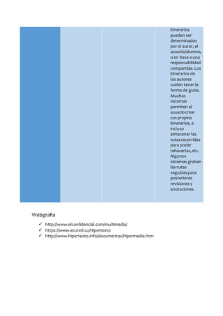 Webgrafia
 http://www.elconfidencial.com/multimedia/
 https://www.ecured.cu/Hipertexto
 http://www.hipertexto.info/documentos/hipermedia.htm
itinerarios
pueden ser
determinados
por el autor, el
usuario/alumno,
o en base a una
responsabilidad
compartida. Los
itinerarios de
los autores
suelen tener la
forma de guías.
Muchos
sistemas
permiten al
usuariocrear
suspropios
itinerarios, e
incluso
almacenar las
rutasrecorridas
para poder
rehacerlas,etc.
Algunos
sistemas graban
las rutas
seguidaspara
posteriores
revisiones y
anotaciones.
 
