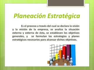 Planeación Estratégica
Es el proceso a través del cual se declara la visión
y la misión de la empresa, se analiza la situación
externa y externa de ésta, se establecen los objetivos
generales, y se formulan las estrategias y planes
estratégicos necesarios para alcanzar dichos objetivos.
 