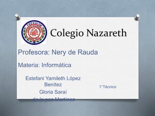 Colegio Nazareth
Estefani Yamileth López
Benítez
Gloria Saraí
de la paz Martínez
1°Técnico
Profesora: Nery de Rauda
Materia: Informática
 