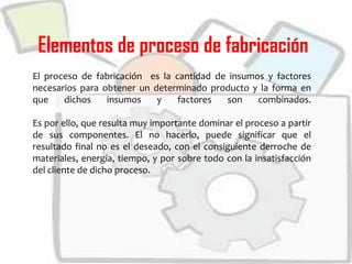 Elementos de proceso de fabricación
El proceso de fabricación es la cantidad de insumos y factores
necesarios para obtener un determinado producto y la forma en
que dichos insumos y factores son combinados.
Es por ello, que resulta muy importante dominar el proceso a partir
de sus componentes. El no hacerlo, puede significar que el
resultado final no es el deseado, con el consiguiente derroche de
materiales, energía, tiempo, y por sobre todo con la insatisfacción
del cliente de dicho proceso.
 