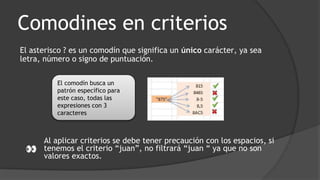 Comodines en criterios
El asterisco ? es un comodín que significa un único carácter, ya sea
letra, número o signo de puntuación.
El comodín busca un
patrón específico para
este caso, todas las
expresiones con 3
caracteres
Al aplicar criterios se debe tener precaución con los espacios, si
tenemos el criterio “juan”, no filtrará “juan “ ya que no son
valores exactos.
 
