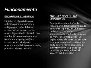 ENCHUFE DE CAJILLO O EMPOTRADOEn este tipo de enchufes, la mayor parte del dispositivo queda dentro de la pared, en un hueco perforado, quedando acondicionado mediante una caja de material termoplástico. El cajillo alberga la parte del enchufe donde se conectan los cables. La parte exterior sirve para impedir el contacto con las partes con tensión y para embellecer el aspecto del dispositivoENCHUFE DE SUPERFICIEHa sido, en el pasado, muy utilizado para instalaciones antiguas por su facilidad de instalación, al no precisar de obras. Sigue siendo utilizado para ampliar (a menudo de manera fraudulenta y peligrosa) las instalaciones principales, normalmente del tipo empotrado, por esas mismas razones.Funcionamiento