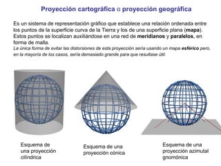 Es un sistema de representación gráfico que establece una relación ordenada entre
los puntos de la superficie curva de la Tierra y los de una superficie plana (mapa).
Estos puntos se localizan auxiliándose en una red de meridianos y paralelos, en
forma de malla.
La única forma de evitar las distorsiones de esta proyección sería usando un mapa esférico pero,
en la mayoría de los casos, sería demasiado grande para que resultase útil.
Proyección cartográfica o proyección geográfica
Esquema de
una proyección
cilíndrica
Esquema de una
proyección cónica
Esquema de una
proyección azimutal
gnomónica
 