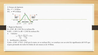 2. Ensayo de hipótesis
Ho; = 14 libras
H1; 14 libras
3. Regla de Decisión:
Si –2.365 tR 2.365 No se rechaza Ho
Si tR < -2.365 ó si tR > 2.365 Se rechaza Ho
4. Cálculos:
5. Justificación y decisión:
Como –2.365 0.7012 2.365 por lo tanto, no se rechaza Ho y se concluye con un nivel de significancia del 0.05 que
el peso promedio de todos los bebés de seis meses es de 14 libras.
 