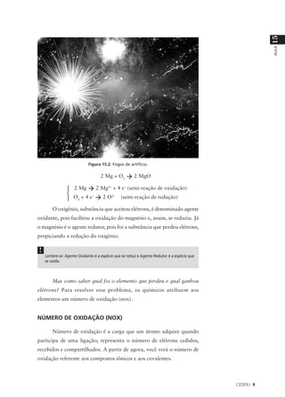 15
                                                                                                      AULA
                            Figura 15.2: Fogos de artifício.

                                   2 Mg + O2 à 2 MgO

                    Mg à 2 Mg2+ + 4 e– (semi-reação de oxidação)
                    2
                   
                     2+4e à2O
                    O                (semi-reação de redução)
                          –      2–
                
        O oxigênio, substância que aceitou elétrons, é denominado agente
oxidante, pois facilitou a oxidação do magnésio e, assim, se reduziu. Já
o magnésio é o agente redutor, pois foi a substância que perdeu elétrons,
propiciando a redução do oxigênio.

!
    Lembre-se: Agente Oxidante é a espécie que se reduz e Agente Redutor é a espécie que
    se oxida.



        Mas como saber qual foi o elemento que perdeu e qual ganhou
elétrons? Para resolver esse problema, os químicos atribuem aos
elementos um número de oxidação (nox).


NÚMERO DE OXIDAÇÃO (NOX)

        Número de oxidação é a carga que um átomo adquire quando
participa de uma ligação; representa o número de elétrons cedidos,
recebidos e compartilhados. A partir de agora, você verá o número de
oxidação referente aos compostos iônicos e aos covalentes.



                                                                                           CEDERJ 9
 