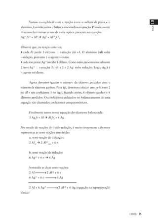 15
      Vamos exemplificar com a reação entre o sulfeto de prata e o
alumínio, fazendo juntos o balanceamento dessa equação. Primeiramente




                                                                                          AULA
devemos determinar o nox de cada espécie presente na equação:
Ag+12S–2 + Al0 à Ag0 + Al+32S–23


Observe que, na reação anterior,
• cada Al perde 3 elétrons ∴ variação (∆) =3. O alumínio (Al) sofre
oxidação, portanto é o agente redutor.
• cada íon prata (Ag+1) recebe 1 elétron. Como estão presentes inicialmente
2 íons Ag+1 ∴ variação (∆) =1 x 2 = 2 Ag+ sofre redução. Logo, Ag2S é
o agente oxidante.


      Agora devemos igualar o número de elétrons perdidos com o
número de elétrons ganhos. Para tal, devemos colocar um coeficiente 2
no Al e um coeficiente 3 no Ag+1, ficando assim, 6 elétrons ganhos e 6
elétrons perdidos. Os coeficientes utilizados no balanceamento de uma
equação são chamados coeficientes estequiométricos.


      Finalmente temos nossa equação devidamente balanceada:
      3 Ag2S + Al à Al2S3 + 6 Ag


No estudo de reações de óxido-redução, é muito importante sabermos
representar as semi-reações envolvidas:
      a. semi-reação de oxidação:
      2 Al(s) à 2 Al+3(aq) + 6 e-


      b. semi-reação de redução:
      6 Ag+1 + 6 e- à 6 Ag


      Somando as duas semi-reações:
      2 Al            2 Al+3 + 6 e-
      6 Ag+1 + 6 e-            6 Ag


      2 Al + 6 Ag+1             2 Al+3 + 6 Ag (equação na representação
iônica)




                                                                              CEDERJ 15
 