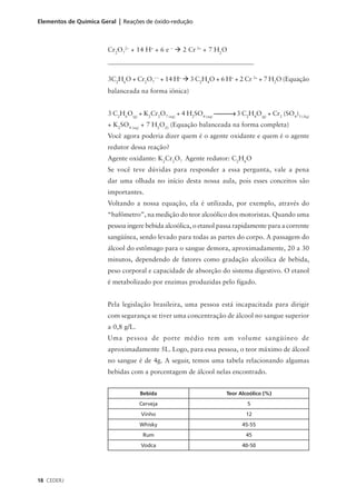 Elementos de Química Geral | Reações de óxido-redução



                       Cr2O72– + 14 H+ + 6 e – à 2 Cr 3+ + 7 H2O
                       ________________________________________________

                       3C2H6O + Cr2O7– – + 14 H+ à 3 C2H4O + 6 H+ + 2 Cr 3+ + 7 H2O (Equação
                       balanceada na forma iônica)


                       3 C2H6O(g) + K2Cr2O7 (aq) + 4 H2SO4 (aq)       3 C2H4O(g) + Cr2 (SO4)3 (Aq)
                       + K2SO4 (aq) + 7 H2O(l) (Equação balanceada na forma completa)
                       Você agora poderia dizer quem é o agente oxidante e quem é o agente
                       redutor dessa reação?
                       Agente oxidante: K2Cr2O7 Agente redutor: C2H6O
                       Se você teve dúvidas para responder a essa pergunta, vale a pena
                       dar uma olhada no início desta nossa aula, pois esses conceitos são
                       importantes.
                       Voltando a nossa equação, ela é utilizada, por exemplo, através do
                       “bafômetro”, na medição do teor alcoólico dos motoristas. Quando uma
                       pessoa ingere bebida alcoólica, o etanol passa rapidamente para a corrente
                       sangüínea, sendo levado para todas as partes do corpo. A passagem do
                       álcool do estômago para o sangue demora, aproximadamente, 20 a 30
                       minutos, dependendo de fatores como gradação alcoólica de bebida,
                       peso corporal e capacidade de absorção do sistema digestivo. O etanol
                       é metabolizado por enzimas produzidas pelo fígado.


                       Pela legislação brasileira, uma pessoa está incapacitada para dirigir
                       com segurança se tiver uma concentração de álcool no sangue superior
                       a 0,8 g/L.
                       Uma pessoa de porte médio tem um volume sangüíneo de
                       aproximadamente 5L. Logo, para essa pessoa, o teor máximo de álcool
                       no sangue é de 4g. A seguir, temos uma tabela relacionando algumas
                       bebidas com a porcentagem de álcool nelas encontrado.


                                    Bebida                        Teor Alcoólico (%)
                                    Cerveja                               5
                                    Vinho                                12
                                    Whisky                              45-55
                                     Rum                                 45
                                    Vodca                               40-50




18 CEDERJ
 