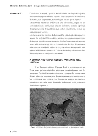 Elementos de Química Geral | Evolução da Química: da Pré-história a Lavoisier



INTRODUÇÃO               Consultando o verbete “química” em dicionários da Língua Portuguesa,
                         encontramos a seguinte definição: “Química é o estudo científico da constituição
                         da matéria, suas propriedades, transformações e as leis que as regem.”
                         Esta definição mostra que a Química é uma ciência exata, regida por leis
                         bem estabelecidas e estruturadas. Estas leis permitem a análise e a previsão
                         do comportamento de substâncias que existem naturalmente, ou que são
                         produzidas pelo homem.
                         Entretanto, o caráter científico da Química só foi estabelecido há cerca de três
                         séculos. Até o século XVIII, as práticas químicas se misturavam aos conceitos
                         da alquimia, fazendo com que seu caráter científico fosse mascarado, algumas
                         vezes, pelos ensinamentos místicos dos alquimistas. Por isso, é interessante
                         observar como essa ciência evoluiu ao longo do tempo. Nesta primeira aula,
                         você vai acompanhar a evolução da Química, desde tempos imemoriais até o
                         ponto em que ela se tornou uma ciência exata.


                         A QUÍMICA NOS TEMPOS ANTIGOS: PASSEANDO PELA
                         HISTÓRIA

                                O ser humano utiliza a Química desde o seu surgimento na
                         Terra, ainda que nos primórdios não tivesse consciência deste fato. Os
                         homens da Pré-história usavam pigmentos extraídos das plantas e dos
                         demais reinos da Natureza para decorar suas cavernas ou representar
                         seu cotidiano e suas crenças. São famosas as pinturas em cavernas
                         encontradas em vários locais do mundo, inclusive no Brasil, como está
                         ilustrado na Figura 1.1.




                           Figura 1.1: Pintura do homem das cavernas encontrada no Nordeste do Brasil.


8 CEDERJ
 