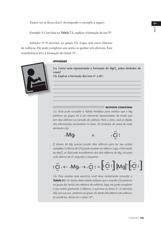 Vamos ver se ficou claro? Acompanhe o exemplo a seguir:




                                                                                                                7
                                                                                                                AULA
      Exemplo 3: Com base na Tabela 7.1, explicar a formação do íon N3-.


      Solução: O N pertence ao grupo 5A. Logo, tem cinco elétrons
de valência. Ele pode completar seu octeto se ganhar três elétrons. Esta
transferência leva à formação do ânion N3-.

                         ATIVIDADE

                         3.a. Como seria representada a formação do MgCl2 pelos símbolos de
                         Lewis?
                         3.b. Explicar a formação dos íons S2- e Al3+.
                         __________________________________________________________________
                         __________________________________________________________________
                         __________________________________________________________________
                         ___________________________________________________________________
                         __________________________________________________________________
                         _________________________________________________________________

                                                                         RESPOSTA COMENTADA
                         3.a. Você pode consultar a Tabela Periódica para verificar que o Mg
                         pertence ao grupo 2A; é um elemento representativo de modo que
                         tem dois elétrons na camada de valência. Para o cloro, você já dispõe
                         das informações necessárias no texto. Os símbolos de Lewis de cada
                         elemento são:




                         O átomo de Mg precisa perder dois elétrons para ter seu octeto
                         completo. O átomo de Cl só pode receber um elétron. Logo, a formação
                         do MgCl2 se dará pela transferência dos dois elétrons do Mg, um para
                         cada átomo de Cl, segundo o esquema:




                         3.b. Para resolver este exercício, você deve inicialmente consultar a
                         Tabela 7.1. Os dados desta tabela indicam que o enxofre (S) pertence
                         ao grupo 6A, tendo seis elétrons de valência; logo, ele pode completar
                         o seu octeto ganhando 2 elétrons, o que leva ao ânion S2-. O alumínio
                         (Al), por sua vez, pertence ao grupo 3A, tendo três elétrons de valência;
                         ao perdê-los, forma-se o cátion Al3+.




                                                                                              C E D E R J 105
 