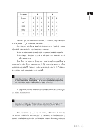 10
            Estrutura                  I                     II




                                                                                                    AULA
             Átomo              O     C     O          O     C     O

               NEV              6     4     6          6     4     6

              NENC              4     0     4          6     0     2

              NEC/2             2     4     2          1     4     6

                CF              0     0     0          -1    0    +1



       Observe que, em ambas as estruturas, a soma das cargas formais
é zero, pois o CO2 é uma molécula neutra.
       Para decidir qual das possíveis estruturas de Lewis é a mais
plausível, a regra geral é escolher aquela em que:
       1. os átomos possuem as menores cargas formais em módulo;
       2. quaisquer cargas negativas estejam nos átomos mais
           eletronegativos.
       Das duas estruturas, a de menor carga formal em módulo é a
estrutura I. Além disso, na estrutura II, há uma carga positiva sobre
um dos átomos de O, elemento mais eletronegativo que o C. Portanto,
a estrutura mais adequada é a estrutura I.


!
    Isso está coerente com o fato, observado experimentalmente, de serem iguais
    os comprimentos das duas ligações C-O. A estrutura II não é coerente com
    esta observação, já que nela as ligações C-O são diferentes.




       A carga formal sobre um átomo é diferente do número de oxidação
do átomo no composto.



!
    Número de oxidação (NOX) de um átomo é a carga que ele teria em um
    composto se suas ligações fossem consideradas completamente iônicas.




       Para determinar o NOX de um átomo, subtraímos do número
de elétrons de valência do átomo (NEV) o número de elétrons sobre o
átomo. Lembre-se de que eles são contados a partir da restrição de que



                                                                                  C E D E R J 141
 