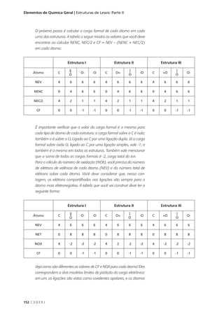 Elementos de Química Geral | Estruturas de Lewis: Parte II



        O próximo passo é calcular a carga formal de cada átomo em cada
        uma das estruturas. A tabela a seguir mostra os valores que você deve
        encontrar ao calcular NENC, NEC/2 e CF = NEV – (NENC + NEC/2)
        em cada átomo:


                            Estrutura I                   Estrutura II               Estrutura III

      Átomo           C              O-     -O      C      O=             -O     C    =O             O-
                             O                                     O                          O

        NEV           4       6      6       6      4       6      6       6     4     6      6      6

       NENC           0       4      6       6      0       4      6       6     0     4      6      6

       NEC/2          4       2      1       1      4       2      1       1     4     2      1      1

         CF           0       0      -1     -1      0       0      -1     -1     0     0      -1     -1




        É importante verificar que o valor da carga formal é o mesmo para
        cada tipo de átomo de cada estrutura: a carga formal sobre o C é nula;
        também o é sobre o O, Ligado ao C por uma ligação dupla. Já a carga
        formal sobre cada O, ligado ao C por uma ligação simples, vale -1; e
        também é a mesma em todas as estruturas. Também vale mencionar
        que a soma de todas as cargas formais é -2, carga total do íon.
        Para o cálculo do número de oxidação (NOX), você precisa do número
        de elétrons de valência de cada átomo (NEV) e do número total de
        elétrons sobre cada átomo. Você deve considerar que, nessa con-
        tagem, os elétrons compartilhados nas ligações vão sempre para o
        átomo mais eletronegativo. A tabela que você vai construir deve ter a
        seguinte forma:


                            Estrutura I                   Estrutura II               Estrutura III

      Átomo           C              O-     -O      C      O=             -O     C    =O             O-
                             O                                     O                          O

        NEV           4       6      6       6      4       6      6       6     4     6      6      6

        NET           0       8      8       8      0       8      8       8     0     8      8      8

       NOX            4      -2      -2     -2      4       2      -2     -2     4    -2      -2     -2

         CF           0       0      -1     -1      0       0      -1     -1     0     0      -1     -1



        Veja como são diferentes os valores de CF e NOX para cada átomo! Eles
        correspondem a dois modelos limites de partição da carga eletrônica:
        em um, as ligações são vistas como covalentes apolares, e os átomos




152 C E D E R J
 
