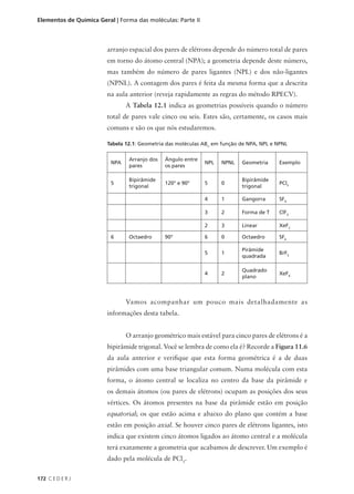 Elementos de Química Geral | Forma das moléculas: Parte II



                        arranjo espacial dos pares de elétrons depende do número total de pares
                        em torno do átomo central (NPA); a geometria depende deste número,
                        mas também do número de pares ligantes (NPL) e dos não-ligantes
                        (NPNL). A contagem dos pares é feita da mesma forma que a descrita
                        na aula anterior (reveja rapidamente as regras do método RPECV).
                                A Tabela 12.1 indica as geometrias possíveis quando o número
                        total de pares vale cinco ou seis. Estes são, certamente, os casos mais
                        comuns e são os que nós estudaremos.

                        Tabela 12.1: Geometria das moléculas ABn em função de NPA, NPL e NPNL

                                 Arranjo dos   Ângulo entre
                          NPA                                 NPL   NPNL   Geometria     Exemplo
                                 pares         os pares

                                 Bipirâmide                                Bipirâmide
                          5                    120° e 90°     5     0                    PCl5
                                 trigonal                                  trigonal

                                                              4     1      Gangorra      SF4

                                                              3     2      Forma de T    ClF3

                                                              2     3      Linear        XeF2

                          6      Octaedro      90°            6     0      Octaedro      SF6

                                                                           Pirâmide
                                                              5     1                    BrF5
                                                                           quadrada

                                                                           Quadrado
                                                              4     2                    XeF4
                                                                           plano



                                Vamos acompanhar um pouco mais detalhadamente as
                        informações desta tabela.


                                O arranjo geométrico mais estável para cinco pares de elétrons é a
                        bipirâmide trigonal. Você se lembra de como ela é? Recorde a Figura 11.6
                        da aula anterior e verifique que esta forma geométrica é a de duas
                        pirâmides com uma base triangular comum. Numa molécula com esta
                        forma, o átomo central se localiza no centro da base da pirâmide e
                        os demais átomos (ou pares de elétrons) ocupam as posições dos seus
                        vértices. Os átomos presentes na base da pirâmide estão em posição
                        equatorial; os que estão acima e abaixo do plano que contém a base
                        estão em posição axial. Se houver cinco pares de elétrons ligantes, isto
                        indica que existem cinco átomos ligados ao átomo central e a molécula
                        terá exatamente a geometria que acabamos de descrever. Um exemplo é
                        dado pela molécula de PCl5.


172 C E D E R J
 