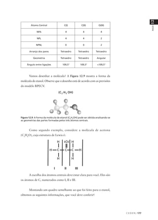 12
         Átomo Central                 C(I)              C(II)        O(III)




                                                                                                      AULA
              NPA                       4                 4             4

              NPL                       4                 4             2

             NPNL                       0                 0             2

       Arranjo dos pares            Tetraedro          Tetraedro    Tetraedro

           Geometria                Tetraedro          Tetraedro    Angular

     Ângulo entre ligações           109,5°             109,5°       <109,5°



       Vamos desenhar a molécula? A Figura 12.9 mostra a forma da
molécula de etanol. Observe que o desenho está de acordo com as previsões
do modelo RPECV.




Figura 12.9: A forma da molécula de etanol (C2H5OH) pode ser obtida analisando-se
as geometrias das partes formadas pelos três átomos centrais.



       Como segundo exemplo, considere a molécula de acetona
(C3H6O), cuja estrutura de Lewis é:




                              I        II        III

       A escolha dos átomos centrais deve estar clara para você. Eles são
os átomos de C, numerados como I, II e III.


       Montando um quadro semelhante ao que foi feito para o etanol,
obtemos as seguintes informações, que você deve conferir!




                                                                                    C E D E R J 177
 