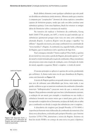 Elementos de Química Geral | Evolução da Química: da Pré-história a Lavoisier



                                         Boyle definiu elemento como qualquer substância que não pode
                                   ser dividida em substâncias ainda menores. Afirmou ainda que a matéria
                                   é composta por “corpúsculos” (átomos) de várias espécies e tamanhos
                                   capazes de formarem grupos, sendo que cada um deles constitui uma
                                   substância química. Com estas hipóteses, Boyle fez renascer as antigas
                                   idéias de Demócrito sobre a estrutura da matéria.
                                         Na tentativa de explicar o fenômeno da combustão, Georg
                                   Stahl (1660-1734) propôs, em 1697, a teoria na qual entendia que as
                                   substâncias queimavam porque eram ricas em uma certa substância
                                   chamada flogisto. A palavra flogisto vem do grego e significa “eu
                                   inflamo”. Segundo esta teoria, um corpo combustível era constituído de
                                   “terra metálica” e flogisto. A combustão era, segundo Stahl, a liberação
                                   do flogisto, que se manifestava sob a aparência de fogo livre.
                                         Você conseguiu entender? Vamos explicar! Para Stahl, a queima
                                   de um metal era vista como a perda do flogisto, deixando apenas a “cal”
                                   do metal (o óxido formado pela reação de combustão). Hoje entendemos
                                   este processo como uma reação de oxidação, com a formação de óxido
                                   do metal, segundo o esquema: Metal + oxigênio → óxido do metal.


        saída de flogisto                O mesmo princípio se aplicava à queima do carvão, produzindo
                                   gás carbônico. A chama nada mais era do que abundância de flogisto,
                                   como está ilustrado na Figura 1.8.
                                         A teoria do flogisto ganhou um grande número de simpatizantes,
                                   mas teve de enfrentar uma dificuldade que levou, mais tarde, à sua
                                   queda: verificou-se que os materiais resultantes da combustão (chamados
                                   materiais “deflogisticados”) pesavam mais do que o material com
                                   flogisto. Hoje podemos entender que esse fato é absolutamente coerente:
                                   a oxidação de um metal, por exemplo, o transforma no seu óxido; a
                                   substância formada tem massa maior que o metal puro, pois a ele foi
                                   incorporado o oxigênio do ar. Entretanto, na época de Stahl, não se sabia
                                   que a combustão era devida à reação das substâncias com o oxigênio.
                                         A descoberta do oxigênio por Joseph Priestley (1733-1804) e
                                   experiências bastante mais elaboradas de combustão de materiais à luz
                                   dessa nova descoberta, realizadas pelo próprio Priestley e por Antoine
                                   Lavoisier (1743-1794), destruíram a teoria do flogisto. Estamos no
Figura 1.8: Segundo Stahl, a
combustão era a liberação de       final do século XVIII e no começo de uma nova era para a Química.
flogisto, que saía pela chama do
material queimado.



       16 CEDERJ
 
