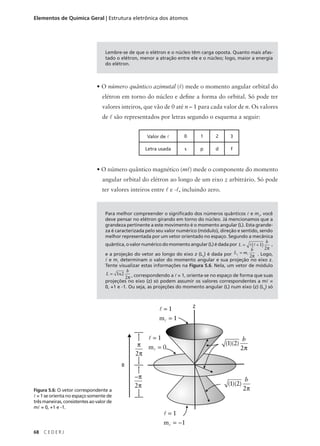Elementos de Química Geral | Estrutura eletrônica dos átomos




                                   Lembre-se de que o elétron e o núcleo têm carga oposta. Quanto mais afas-
                                   tado o elétron, menor a atração entre ele e o núcleo; logo, maior a energia
                                   do elétron.



                               • O número quântico azimutal (l) mede o momento angular orbital do
                                  elétron em torno do núcleo e define a forma do orbital. Só pode ter
                                  valores inteiros, que vão de 0 até n – 1 para cada valor de n. Os valores
                                  de l são representados por letras segundo o esquema a seguir:


                                                        Valor de l      0       1      2     3

                                                       Letra usada      s       p      d     f



                               • O número quântico magnético (ml) mede o componente do momento
                                  angular orbital do elétron ao longo de um eixo z arbitrário. Só pode
                                  ter valores inteiros entre l e -l, incluindo zero.


                                   Para melhor compreender o significado dos números quânticos l e ml, você
                                   deve pensar no elétron girando em torno do núcleo. Já mencionamos que a
                                   grandeza pertinente a este movimento é o momento angular (L). Esta grande-
                                   za é caracterizada pelo seu valor numérico (módulo), direção e sentido, sendo
                                   melhor representada por um vetor orientado no espaço. Segundo a mecânica
                                                                                                            h
                                   quântica, o valor numérico do momento angular (L) é dada por L = l (l + 1) ,
                                                                                                     h     2π
                                   e a projeção do vetor ao longo do eixo z (Lz) é dada por Lz = ml
                                                                                                    2π . Logo,
                                   l e ml determinam o valor do momento angular e sua projeção no eixo z.
                                   Tente visualizar estas informações na Figura 5.6. Nela, um vetor de módulo
                                               h
                                    L = 1x2
                                              2π , correspondendo a l = 1, orienta-se no espaço de forma que suas
                                   projeções no eixo (z) só podem assumir os valores correspondentes a ml =
                                   0, +1 e -1. Ou seja, as projeções do momento angular (L) num eixo (z) (Lz) só



                                                                            Z
                                                             l=1
                                                             ml = 1


                                                     l=1                                             h
                                                   π m =0                                  (1)(2)
                                                      l                                             2π
                                                  2π
                                          B

                                                  −π                                                  h
                                                  2π                                        (1)(2)
Figura 5.6: O vetor correspondente a                                                                 2π
l = 1 se orienta no espaço somente de
três maneiras, consistentes ao valor de
ml = 0, +1 e -1.
                                                               l=1
                                                               ml = −1
68   CEDERJ
 