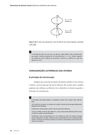 Elementos de Química Geral | Estrutura eletrônica dos átomos




                                                                            B0

                                                                                       mI = + 1/2
                                                                                       (estado α)




                                                                                        mI = - 1/2
                                                                                       (estado β)




                        Figura 5.10: O vetor que representa o spin do elétron tem duas projeções, chamadas
                             �
                        α ( ) e β( ).�


                         !
                                 A inclusão do spin faz com que, no átomo, cada elétron seja caracterizado
                                 por quatro números quânticos. Os três primeiros, n, l e ml, dizem respeito
                                 ao orbital em que o elétron se encontra; o último, ms, define se o spin do
                                 elétron é � ou �.




                        CONFIGURAÇÕES ELETRÔNICAS DOS ÁTOMOS


                        O princípio da estruturação

                                     Imagine que você tem um núcleo de número atômico Z. Se o átomo
                        é neutro, você já sabe que ele tem Z elétrons. De acordo com o modelo
                        quântico dos orbitais, os elétrons vão se distribuir no átomo segundo o
                        princípio da estruturação.


                         !
                                 O princípio da estruturação é concebido a partir de 4 regras. Elas indicam
                                 que:
                                 a) Os elétrons ocupam os orbitais em ordem crescente de energia (dada pelo
                                 diagrama de Pauling).
                                 b) Nenhum orbital pode conter mais do que dois elétrons.
                                 c) Se um orbital contiver dois elétrons, os seus spins serão distintos (diz-se que
                                 os elétrons estão emparelhados).
                                 d) Elétrons não se emparelham em um orbital se outro de mesma energia
                                 estiver disponível. Ou seja, os elétrons só se emparelham em um orbital quando
                                 todos os orbitais de mesma energia (na mesma subcamada) contiverem pelo
                                 menos um elétron.




74   CEDERJ
 