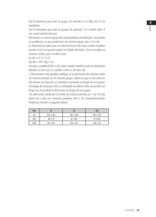 (iii) O elemento que está no grupo 7A, período 2 é o flúor (F). É um




                                                                                           6
halogênio.




                                                                                           AULA
(iv) O elemento que está no grupo 2A, período 2 é o berílio (Be). É
um metal alcalino-terroso.
Elementos no mesmo grupo têm propriedades semelhantes. Dos dados
no problema, os que pertencem ao mesmo grupo são o Sr e Be.
b. Você precisa saber que um elemento tem tão mais caráter metálico
quanto mais à esquerda estiver na Tabela Periódica. Uma consulta vai
mostrar, então, que a ordem será:
(i) Pd > Si > S > Cl
(ii) Rb > Pd > Ag > Sn
Ou seja, o paládio (Pd) é o de maior caráter metálico entre os elementos
listados no item (i) e o rubídio, entre os do item (ii).
c. Para resolver esta questão, verifique se os elementos de cada par estão
no mesmo período ou no mesmo grupo. Sabemos que o raio atômico
(R) diminui ao logo de um período e aumenta ao longo de um grupo.
A energia de ionização (EI) e a afinidade ao elétron (AE) aumentam ao
longo de um período e diminuem ao longo de um grupo.
Os elementos deste par (i) estão no mesmo período (n = 4). Os dos
pares (ii) e (iii) nos mesmos períodos (6A e 2A, respectivamente).
Podemos montar a seguinte tabela:


   Par                 R                   El                   AE
    (i)           Ca > Se               Se > Ca               Se > Ca
   (ii)           Se > S                 S > Se                S > Se
   (iii)          Sr > Ca               Ca > Sr               Ca > Sr




                                                                             CEDERJ   95
 