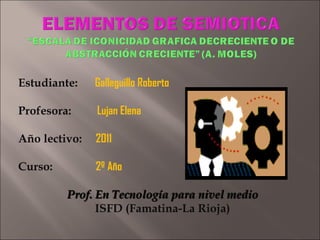 Estudiante:  Galleguillo Roberto Profesora:  Lujan Elena Año lectivo:  2011 Curso:  2º Año Prof. En Tecnología para nivel medio ISFD (Famatina-La Rioja) 