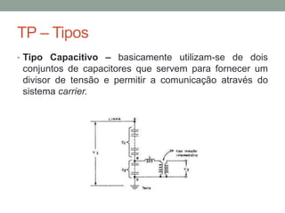 TP – Tipos
• Tipo Capacitivo – basicamente utilizam-se de dois
 conjuntos de capacitores que servem para fornecer um
 divisor de tensão e permitir a comunicação através do
 sistema carrier.
 